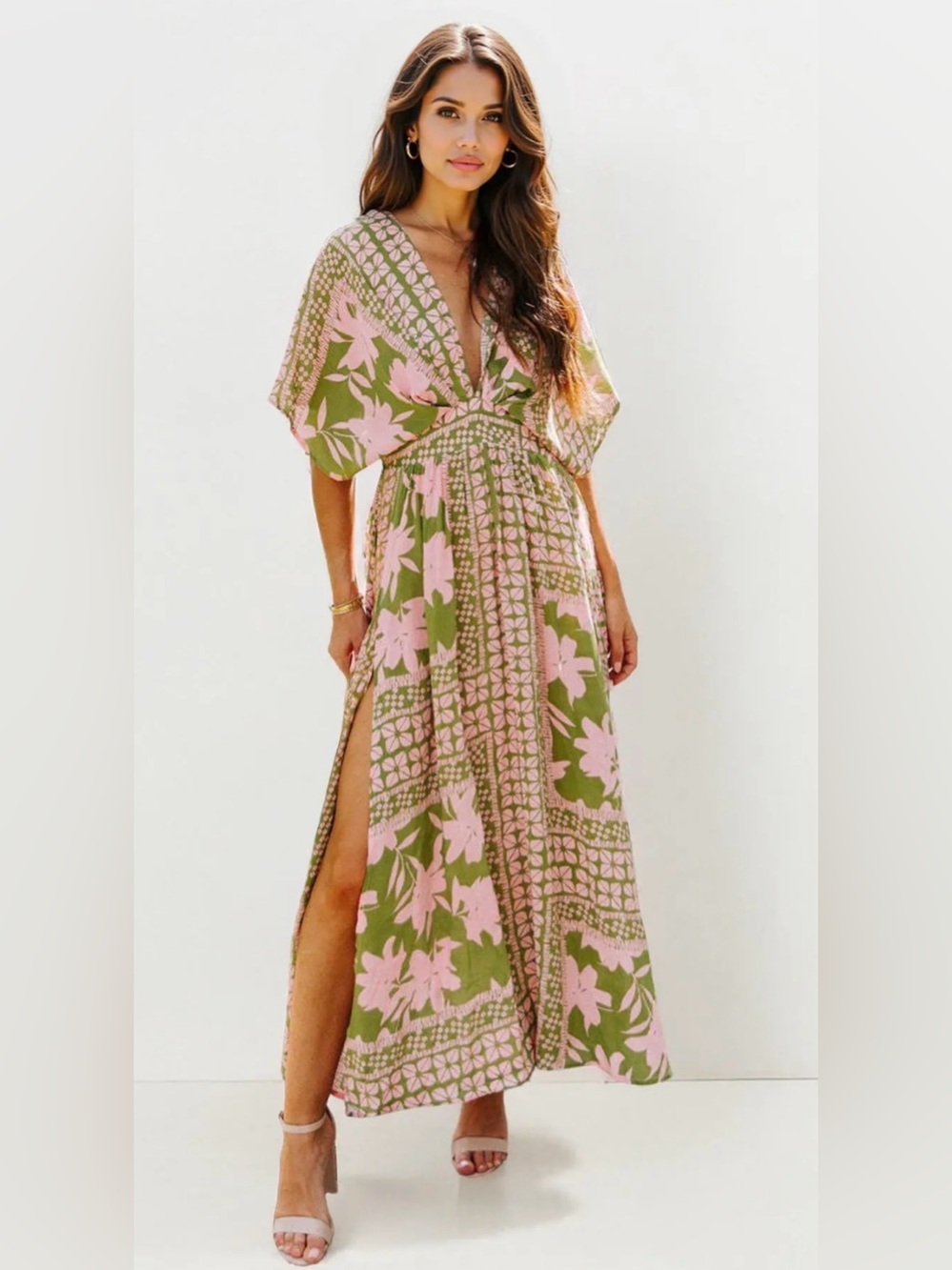 Floral V-Neck Maxi Dress in Olive & Pink M
